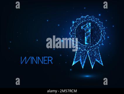 Futuristic first place, winner award badge concept with glowing low polygonal medal and number 1 isolated on dark blue background. Modern wire frame m Stock Vector