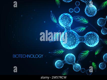 Futuristic biotechnology, green chemistry science banner concept with glowing low polygonal water molecules and green leaves on dark blue background. Stock Vector