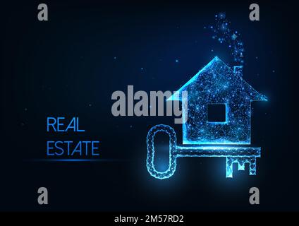 Futuristic real estate agency concept with glowing low polygonal residential house and door key on dark blue background. Modern wireframe mesh design Stock Vector