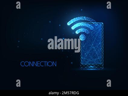Futuristic wifi network concept with glowing low polygona smartphone and wi-fi symbol on dark blue background. Modern wireframe mesh design vector ill Stock Vector