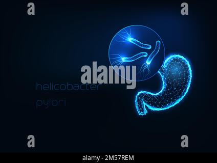 Futuristic stomach inflammation, gastritis concept with glowing low polygonal human stomach and helicobacter bacteria on dark blue background. Modern Stock Vector