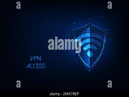 Futuristic VPN cvirtual private network oncept with glowing low polygonal shield and wifi symbol isolated on dark blue background. Modern wireframe me Stock Vector