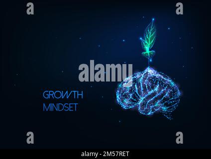 Futuristic growing mindset concept with glowing low polygonal green plant growing from human brain isolated on dark blue background. Modern wireframe Stock Vector