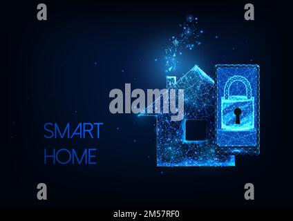 Futuristic smart home concept with glowing low polygonal smartphone, lock and residential house isolated on dark blue background. Modern wireframe mes Stock Vector