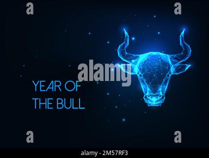 Futuristic glowing low polygonal bull head, ox, taurus horoscope sign isolated on dark blue background. Modern wire frame mesh design vector illustrat Stock Vector
