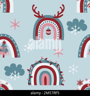 Cute christmas rainbows seamless pattern with decorative rainbows, clouds, snowflakes, antlers, xmas lights on light bue background. Hand drawn flat v Stock Vector