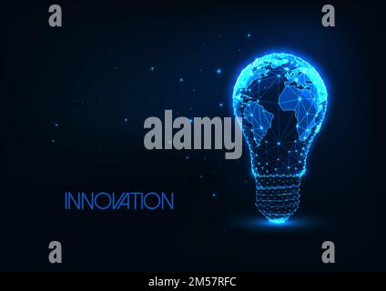 Futuristic global energy, innovation concept with glowing low polygonal light bulb with earth map on dark blue background. Modern wireframe mesh desig Stock Vector