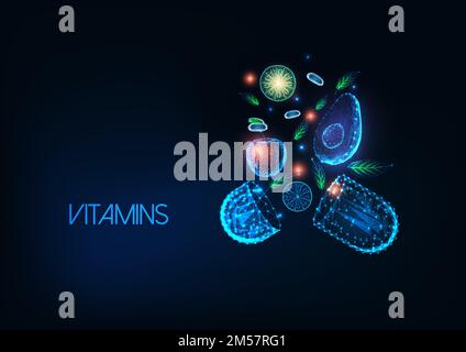 Futuristic healthy eating, vitamin rich food concept with glowing low polygonal capsule pill, fruits and vegetables isolated on dark blue background. Stock Vector