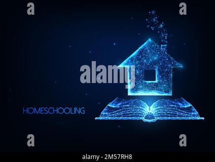 Futuristic Homeschooling, Online tuition remotely concept with glowing low polygonal house and open book on dark blue background. Modern wireframe mes Stock Vector