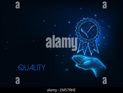 Futuristic premium quality concept with glowing low polygonal hand holding medal icon isolated on dark blue background. Modern wire frame mesh design Stock Vector
