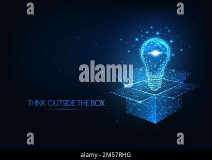 Futuristic thinking outside the box concept with glowing low polygonal light bulb over opened box isolated on dark blue background. Modern wire frame Stock Vector