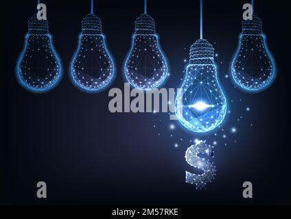 Futuristic creative financial business ideas concept with glowing low polygonal hanging lightbulbs and dollar sign on dark blue background. Modern wir Stock Vector