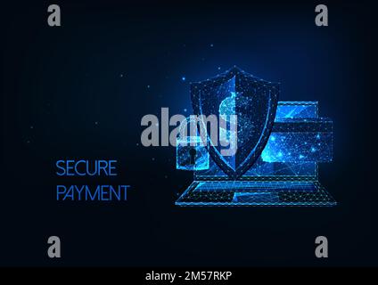 Futuristic secure payment, online banking concept with glowing low polygonal laptop, sheld, lock, credit card and dollar sign on dark blue background. Stock Vector