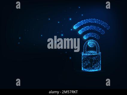 Futuristic secure wireless internet connection concept with glowing low polygonal wi-fi symbol and padlock on dark blue background. Modern wireframe m Stock Vector
