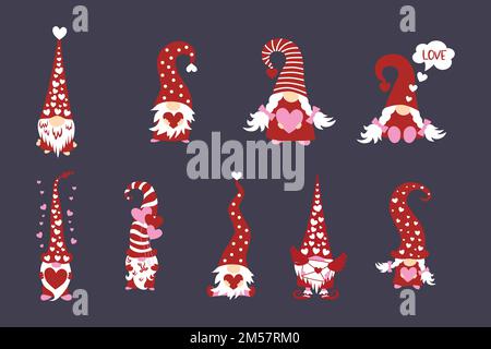 Set of Valentines Day cute scandinavian red gnomes with hearts isolated on grey background. Flat design vector illustration. Stock Vector