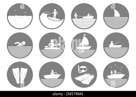 Water sports icons. Swimming, diving, kayaking, surfing symbols. Vector. Stock Vector