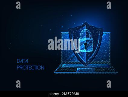 Futuristic data protection concept with glowing low polygonal laptop and protective shield with access lock isolated on dark blue background. Modern w Stock Vector