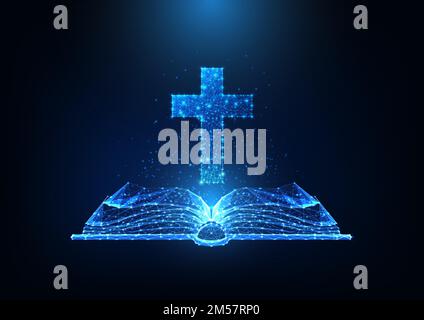 Futuristic Christianity worship concept with glowing low polygonal open bible and Christian cross on dark blue background. Modern wireframe mesh desig Stock Vector