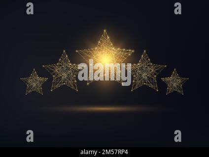 Five stars rating, luxury service, client satisfaction concept. Golden glowing low polygonal wireframe design on black background. Vector illustration Stock Vector
