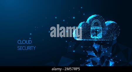 Futuristic Cloud security concept with glowing low polygonal cloud technology symbol and padlock with access isolated on dark blue background. Modern Stock Vector