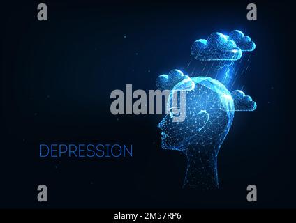 Futuristic depression, mental health disorders concept with glowing low polygonal human had and storm clouds on dark blue background. Modern wireframe Stock Vector