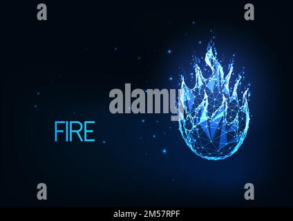 Futuristic glowing low polygonal fire, campfire, bright blue flame isolated on dark blue background. Modern wire frame mesh design vector illustration Stock Vector