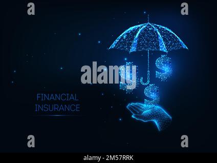 Futuristic Finance Insurance policy services concept with glowing low polygonal hand holidng umbrella and dollar signs on dark blue background. Modern Stock Vector