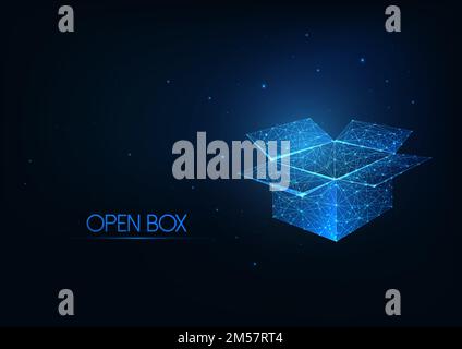 Futuristic glowing low polygonal open box isolated on dark blue background. Modern wireframe mesh design vector illustration. Stock Vector