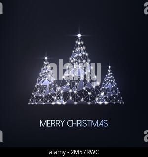 Merry Christmas greeting card with three futuristic glowing low polygonal trees on black background. Modern wire frame mesh design vector illustration Stock Vector