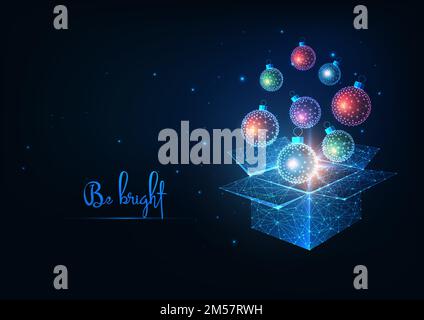 Futuristic Christmas open box with glowing low polygonal xmas baubles for the holiday on dark blue background. Modern wireframe mesh design vector ill Stock Vector