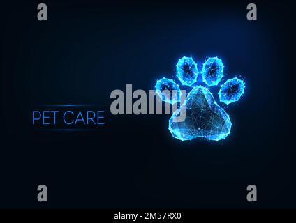 Futuristic pet care, veterinary clinic, grooming service logo concept with glowing low polygonal animal paw on dark blue background. Modern wireframe Stock Vector