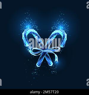 Two abstract glowing candy canes and ribbon bow and text isolated on dark blue background. Traditional peppermint candies Christmas gift. Modern line Stock Vector