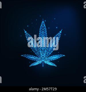 Futuristic glowing low polygonal cannabis leaf made of lines, dots, stars, triangles, light spots isolated on dark blue background. Modern wire frame Stock Vector