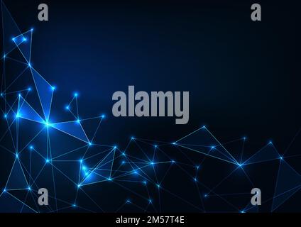 Futuristic glowing low polygonal science background on dark blue. Artificial intelligence, technology innovations concept. Modern wire frame design ve Stock Vector