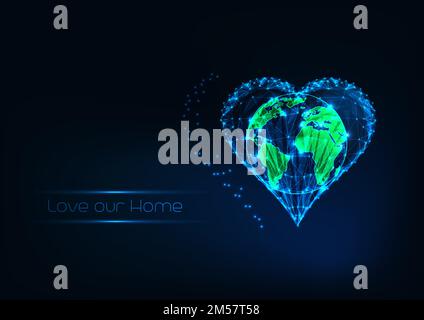 The planet Earth conservation concept with futuristic glowing low polygonal world map inside of heart shape and slogan Live our home isolated on dark Stock Vector