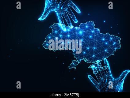 Abstract Ukrainian refugees help concept with glowing low polygonal Ukraine map and helping hands on dark blue background. Futuristic wire frame mesh Stock Vector