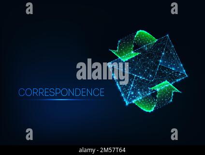 Futuristic glowing low polygonal mail envelope with green motion arrows isolated on dark blue background. Correspondence, post delivery concept. Moder Stock Vector