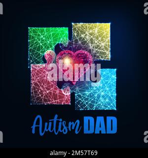 Autism awareness vector illustration. Phrase Autism Dad and 4 glowing colorful puzzle pieces and red heart isolated on dark purple background. Stock Vector