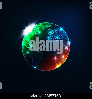 Futuristic glowing low polygonal planet Earth globe map with orange and green spots as symbol of global warming and green environment isolated on dark Stock Vector
