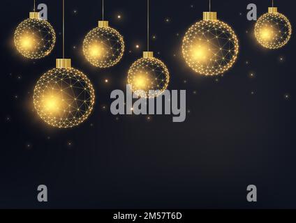 Merry Christmas greeting card template with golden geometric glowing low polygonal baubles and lights on black background. Modern design vector illust Stock Vector