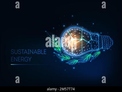 Futuristic sustainable energy concept with glowing low polygonal light bulb, wind turbines and green leaves on dark blue background. Environmentally f Stock Vector