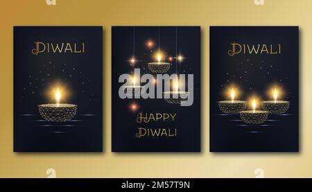 Happy diwali posters template set with golden glowing low polygonal oil lamp diya on black background. Modern wire frame design vector illustration. Stock Vector