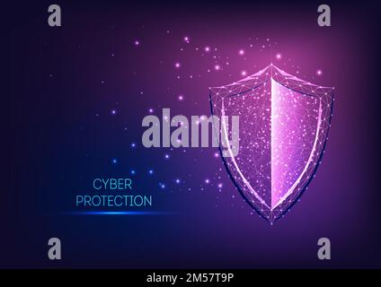 Futuristic glowing low polygonal guard shield symbol isolated on dark blue to purple gradient background. Cyber security. data protection concept. Mod Stock Vector