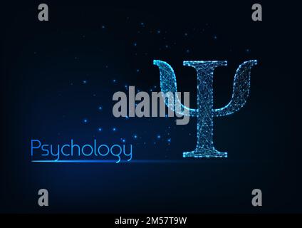 Futuristic glowing low polygonal psi Greek letter, symbol of psychology science and therapy isolated on dark blue background. Modern wire frame mesh d Stock Vector