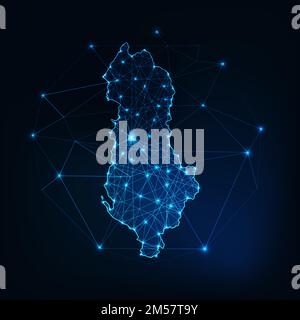 Albania map glowing silhouette outline made of stars lines dots triangles, low polygonal shapes. Communication, internet technologies concept. Wire fr Stock Vector