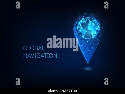 Futuristic glowing low polygonal GPS location sign with earth globe inside. Travel the world, navigation concept. Modern wire frame mesh design vector Stock Vector