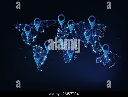 Futuristic glowing low polygonal earth map with GPS location signs on dark blue background. Travel the world, navigation concept. Modern wire frame me Stock Vector