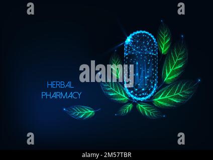 Futuristic glowing low polygonal herbal pharmacy concept with capsule pill and green leaves on dark blue background. Naturopathy, ayurveda, holistic m Stock Vector