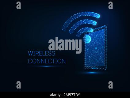 Futuristic glowing low polygonal tablet with WiFi symbol on dark blue background. Wireless connection on electronic devices concept. Modern wire frame Stock Vector