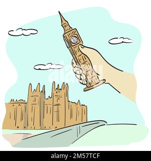 hand holding big ben illustration vector hand drawn isolated on white background line art. Stock Vector